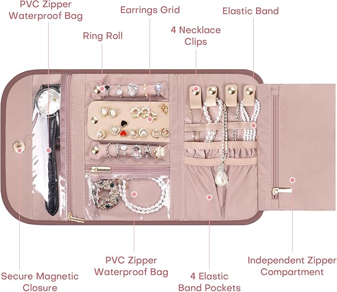 Travel Jewelry Organizer Box, Foldable Travel Case for Earrings, Necklaces, Rings, Bracelets, Red Sandalwood