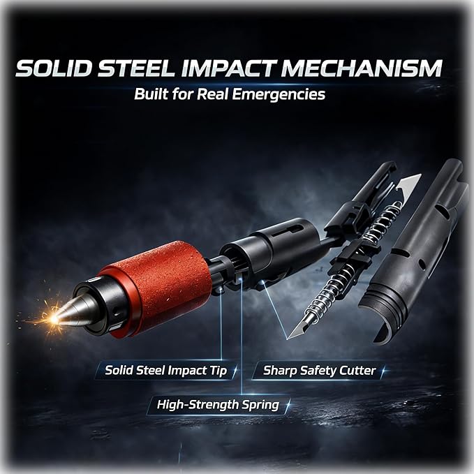 Car Window Breaker & Seatbelt Cutter, Japan-Seki Vacuum Heat-Treated Stainless Steel Spring Loaded Safety Hammer, Underwater 