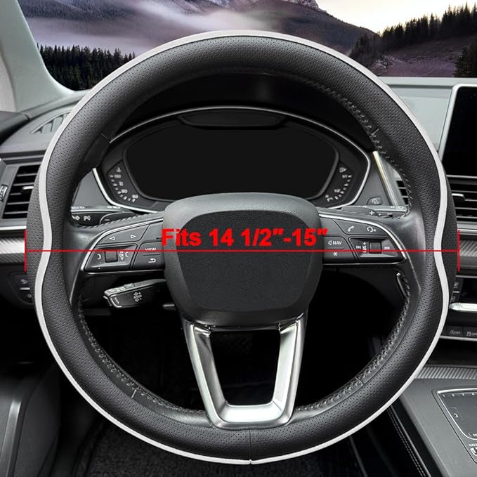 HAOTULE Leather Steering Wheel Cover， with Anti-Slip Stripe Design - Enhanced Grip, Fashion Style, Safe, Non-Slip, Breathable