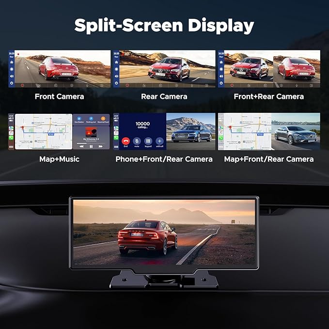 LAMTTO 9.26" Wireless Carplay and Android Auto with 2.5K Dash Cam, 1080P Backup Camera, Portable Touchscreen GPS Navigation f