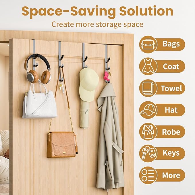 Over The Door Hooks Hanger,Over The Door Towel Hook Organizer Hanging for Coat Clothes Backpack hat Purse Metal Towel Rack Ba