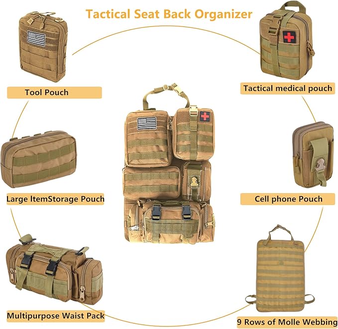 tactical car seat back organizer and storage truck seat covers with a Molle Vehicle Panel and 5 Different Size Molle Pouches for most models such as Jeep,SUV,Pickup(Khaki)