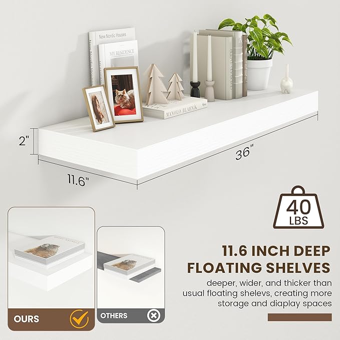 12 Inch Deep Floating Shelves | 36 Inch White Floating Shelves | 36" W x 12" D Rustic Wood Shelves for Wall | Deep White Shel