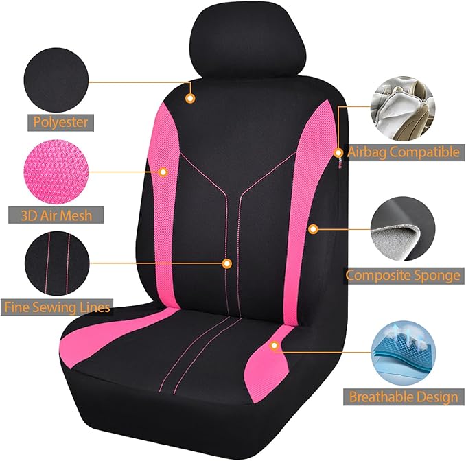 Flying Banner Car Seat Covers Full Set Front Seats and Rear Bench Mesh Fabric Splicing Polyester Cover Black with Pink Color