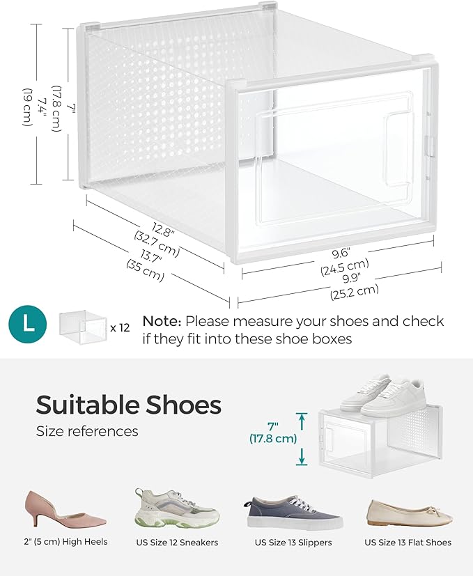 SONGMICS Shoe Boxes, Pack of 18 Shoe Storage Organizers, Stackable Clear Plastic Boxes for Closet, Sneakers, 13.7 x 9.9 x 7.4