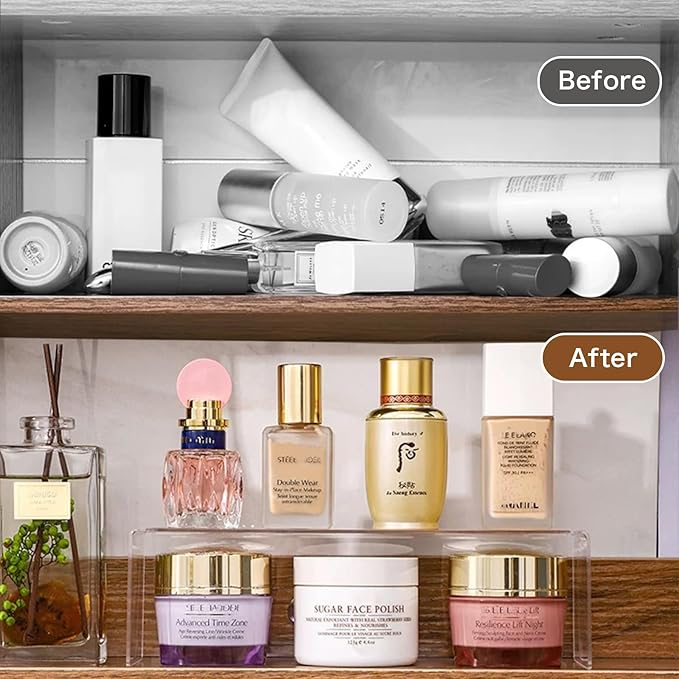 2 Pack Acrylic Medicine Cabinet Organizer, Narrow Bathroom Mirrior Cabinet Storage Shleves, Clear Acrylic Risers for Vanity, 