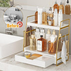 2-Tier Bathroom Counter Organizer with Drawer & Removable Basket, Wood & Metal Vanity Organizer for Skincare, Makeup, Perfume
