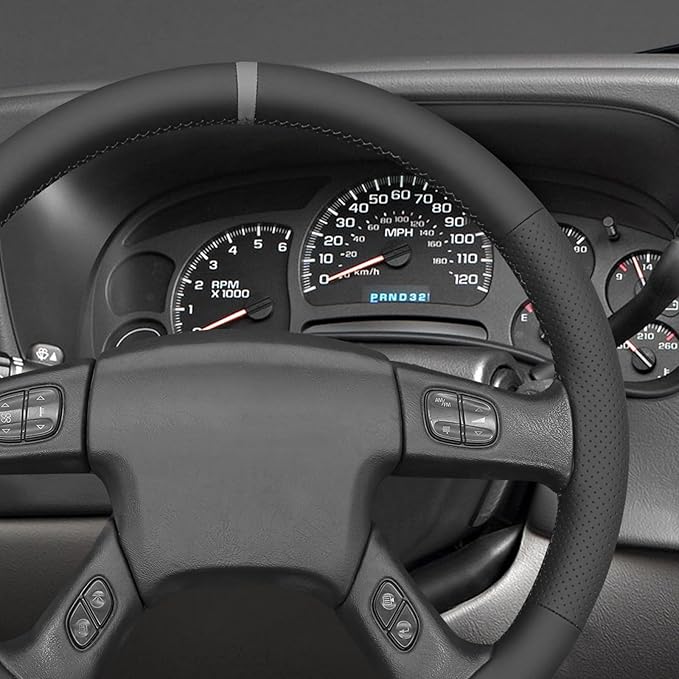 MEWANT Hand Stitch Steering Wheel Cover for Chevy Silverado 1500 2003-2006 Trailblazer Black Real Leather Steering Wrap