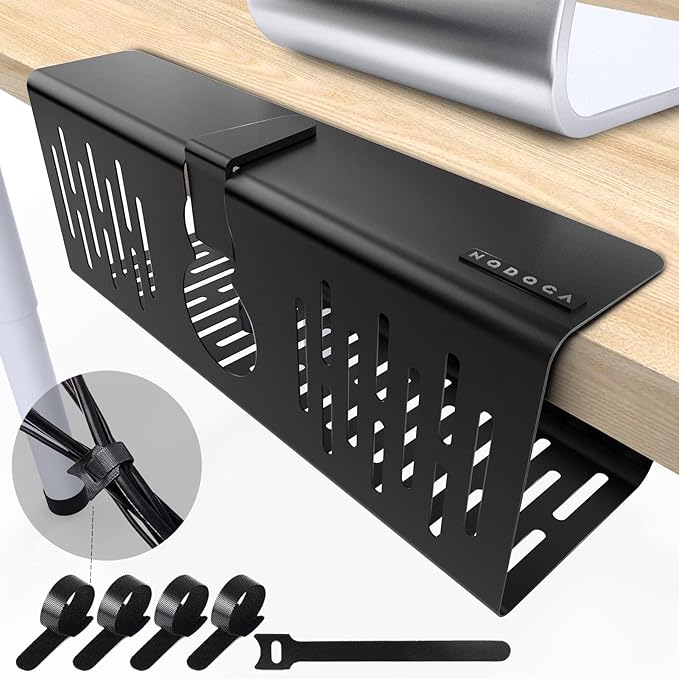 NODOCA No Drill Under Desk Cable Management Tray, 14'' Wire Management, Punch-Free Clamp on, Metal Cable Tray, Wire Organizer