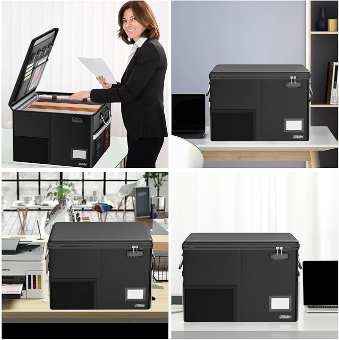 5200℉ Fireproof Document Box with Lock, Waterproof File Organizer with Handle, Portable Collapsible Filing Cabinet with Refle