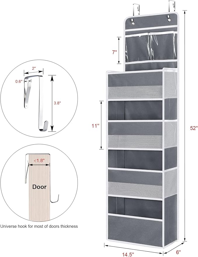 Univivi Over The Door Organizer, 5 Shelf Door Hanging Organizer Nursery Door Storage with 4 Large Compartments and 2 Small PV
