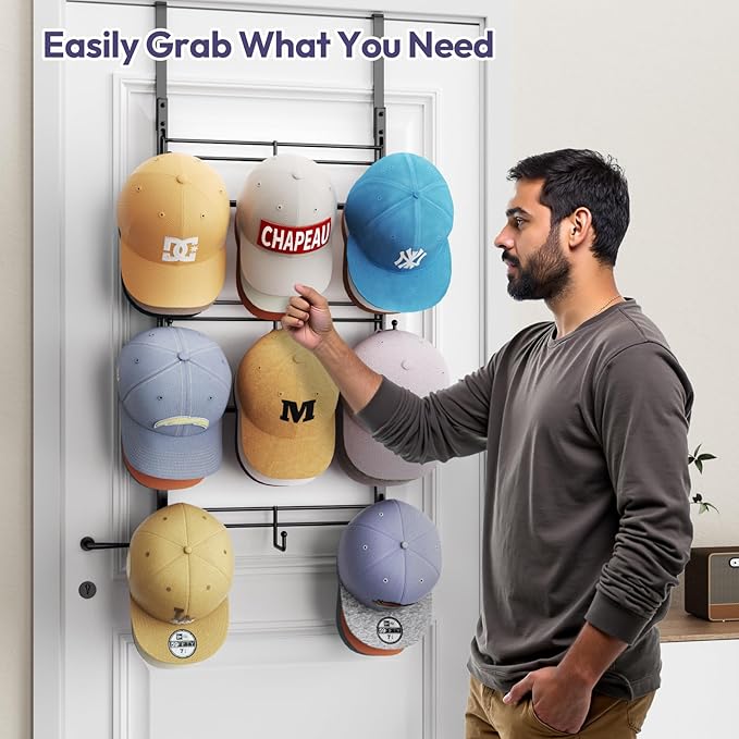SWTYMIKI Over Door Hat Organizer - 3 Tier Metal Adjustable Wall Mounted Hat Rack with 9 Hooks Design, Hanging Baseball Cap Or