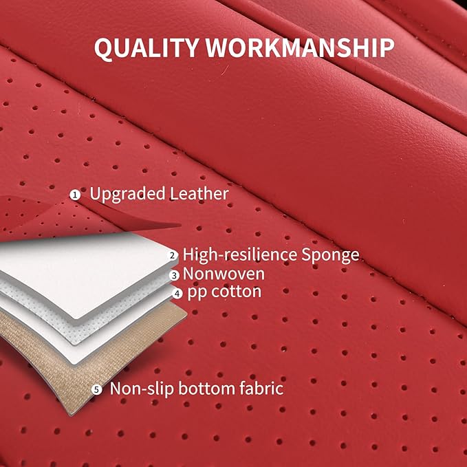 Nappa Leather Car Seat Covers Full Set, Red Car seat Protector 5 Seats, Waterproof Car Seat Cushion, Universal Automotive Sea