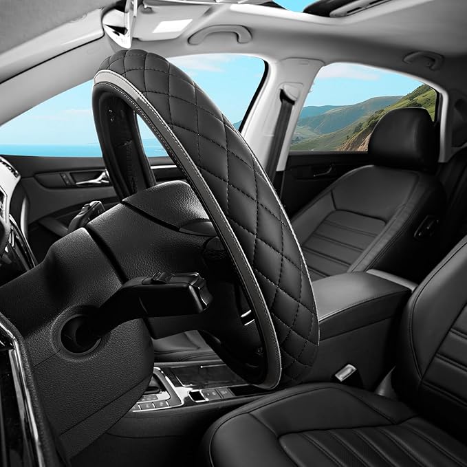 Road Comforts Leather Steering Wheel Cover – Black & Gray, Universal Fit 14.5-15 Inch, Microfiber Leather, Anti-Slip & Breath