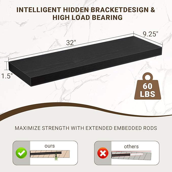 32 Inch Floating Shelves, 3D Textured Wood Grain, 32"x9.25"x1.5" Inch Deep Floating Shelves for Wall, Wooden Shelves for Bath