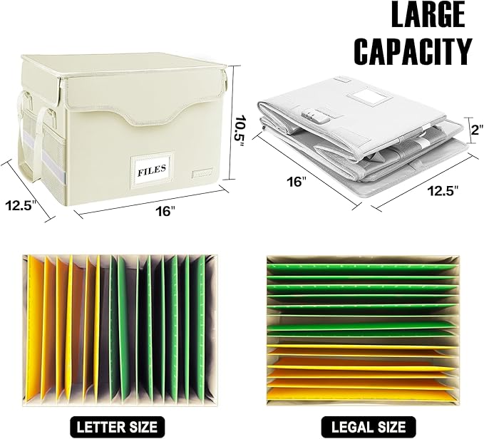 DocSafe Fireproof Document Box with Lock,File Storage Organizer with Zipper Pockets,Collapsible Portable File Box Home Office
