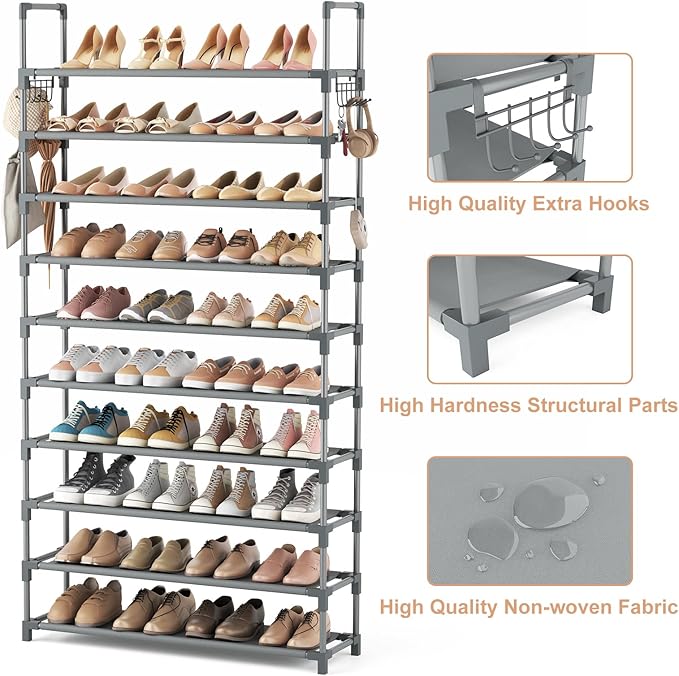 VTRIN 10 Tiers Shoe Rack Tall Large Capacity Wide Shoe Organizer Sturdy Shoe Shelf for Entryway with Two Hooks Metal Shoe Sto