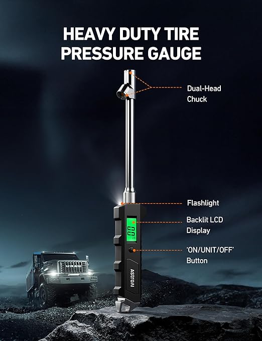 AstroAI Heavy Duty Digital Tire Pressure Gauge 0-230 PSI Calibrated to ANSI B40.7 Grade 2A (0.5%) with Backlit LCD & Flashlight, Stainless Steel for Truck RV Car Motorcycle Bike