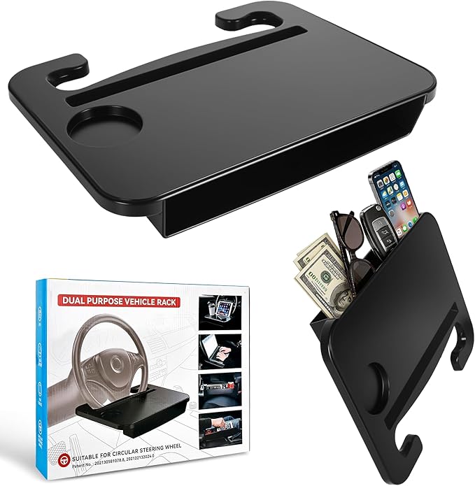 2-in-1 Steering Wheel Desk & Seat Gap Organizer, Portable Steering Wheel Tray with Cup Holder & Pad Slot, Car Food Table for Laptop Eating Working, Multipurpose Road Trip Accessories