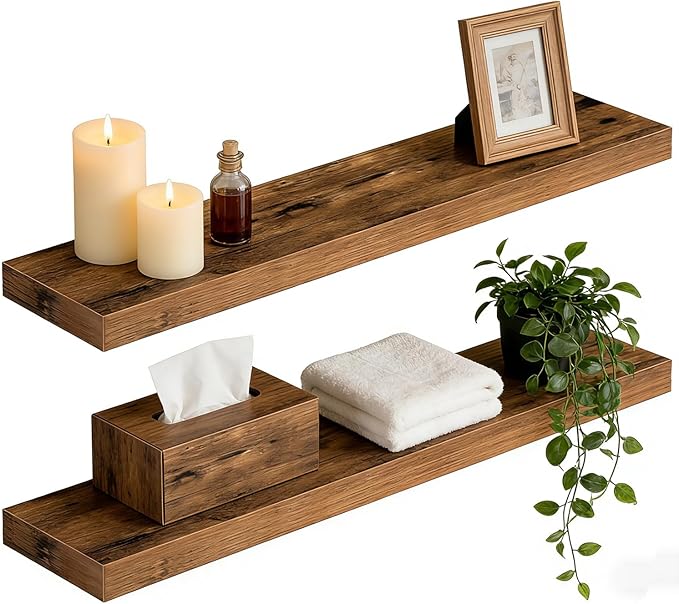 Solid Wood Floating Wall Shelves, Wall Mounted Display Bookshelf for Bedroom, Bathroom, Kitchen, Living Room, Decor Wall,Set 