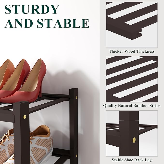 Smiry Shoe Rack, 6 Tier Small Bamboo Shoe Organizer, Stackable Free Standing Wooden Shoe Storage Shelf for Closet, Entryway, 