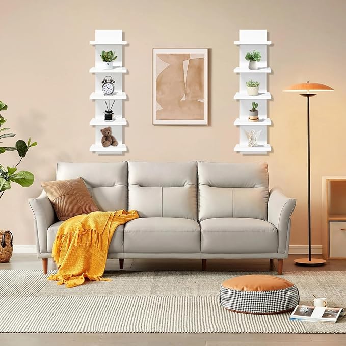 2 PCS 5 Tier Shelves for Wall, Decorative Wall Mounted Vertical Shelving Column Decor Mount Floating Storage Organizer Natura