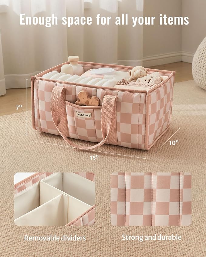 Blissful Diary Checkered Diaper Caddy Organizer, Stylish Nursery Storage Basket, Gift for Baby Shower, Newborn Essentials, Re