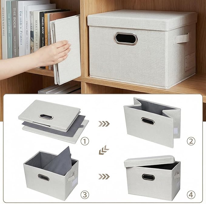 PRANDOM Storage Bins with Lids [3-Pack] Linen Fabric Foldable Storage Boxes Organizer Containers Baskets Cube with Cover for 