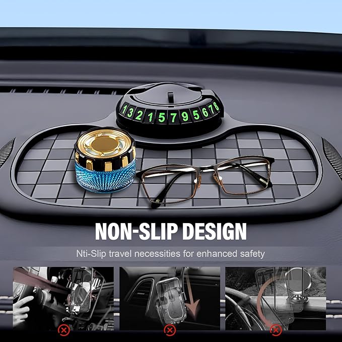 Multifunction Car Anti-Slip Mat,360° Rotatable Phone Holder Dashboard Pad with Hidden Parking Number Plate PVC Grid Style Mat