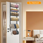Over the Door Organizer, 2 in 1 Metal Hanging Closet Organizer & Hat Rack with 4 Adjustable Baskets, 8 Hooks, 10 Clips, Behin