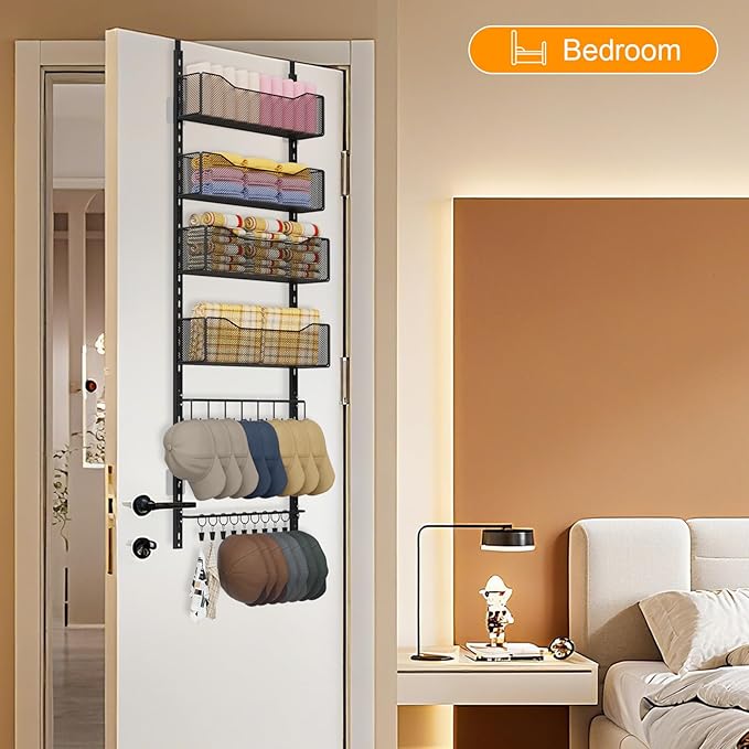 Over the Door Organizer, 2 in 1 Metal Hanging Closet Organizer & Hat Rack with 4 Adjustable Baskets, 8 Hooks, 10 Clips, Behin