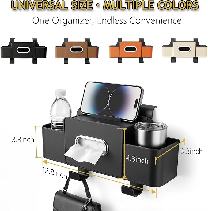 Backseat Car Organizer, 4 in 1 Multifunctional Car Back Seat Storage Organizer with Tissue Box, 2 Cup Holders, Phone Stand and Hooks, Automotive Seat Back Organizers (Black)