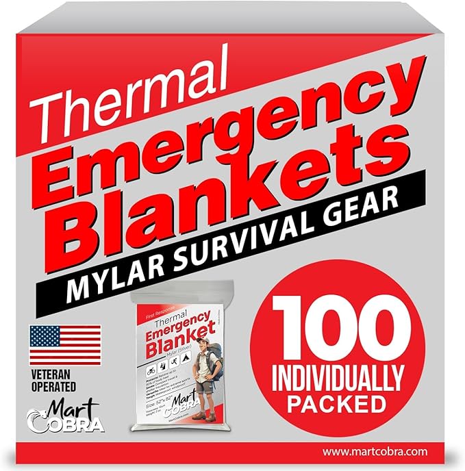 Mart Cobra Emergency Blanket 100-Pack | Reflective Thermal Blanket | Survival Gear | Lightweight Mylar Blankets | Retains 90%