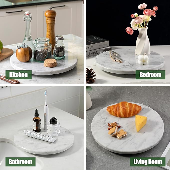 12" Marble Lazy Susan Turntable - 100% Natural Stone Round Serving Tray with Silent Spinning, Revolving Cake Stand & Cheese B