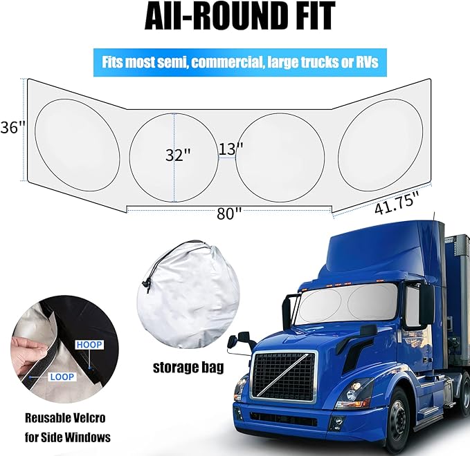 Semi-Truck Sun Shade for Windshield and Side Window | 300T High Density UV Protection Sunshade Reflects 98% UV,Semi Trucks Shade Accessories,Best for Semi, Commercial, RV & Big Truck