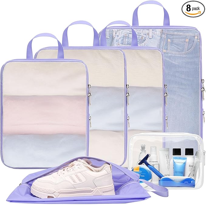 Cambond Mesh Compression Packing Cubes - 6 Piece Expandable See Through Packing Cubes for travel with Shoe and Makeup Bag, Tr