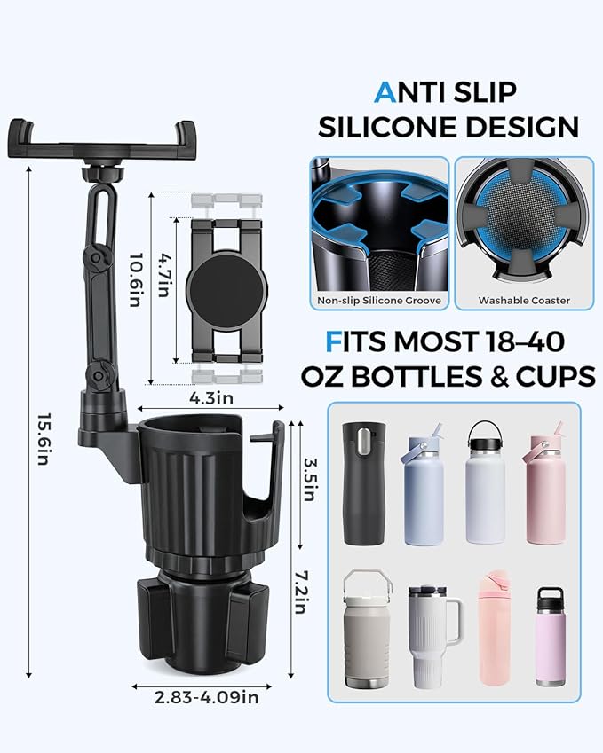 Profortop 2-in-1 Cup Holder Tablet Mount Expander, 2-Section Foldable 15" Height Adjustable Arm & 360° Rotation, Universal Fit for iPad, iPhone, All Smartphones and Most Bottles for Car SUV Truck