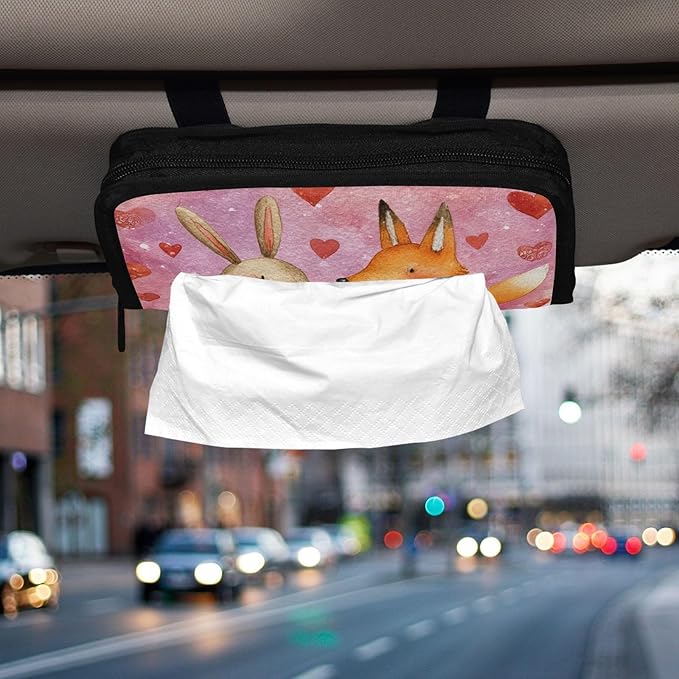 Car Tissue Holder Car Visor Organizer Tissue Box Holder for Car Sun Visor Organizer with Car Vehicle Accessories Essentials Interior for Women Men Valentines Fox Bunny Hearts Pink