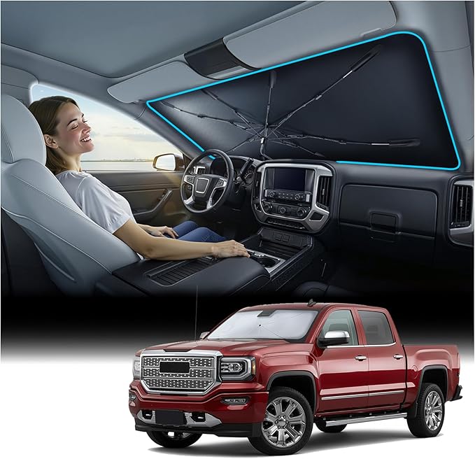Windshield Sun Shade Umbrella for Sierra - [Vinyl Coating Heat Shield] Protect Car from Sun Rays & Heat Damage Keep Cool and Protect Interior, Spring Structure Edge