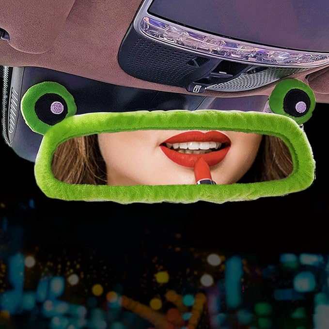 Green Plush Rear View Mirror Cover 3D Frog Eyes Interior Rearview Mirror Decoration Accessories for Car Cartoon Protector Pad Women Soft Warm (Green Frog)