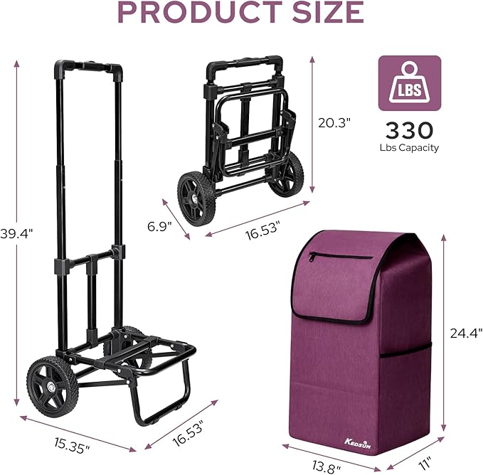 KEDSUM 2 in 1 Shopping Carts for Groceries, 330 lbs Grocery Cart on Wheels, Foldable Utility Carts with Wheels, Load-Bearing Hand Truck with Waterproof Bag for Shopping,Camping,Laundry,Garden, Purple