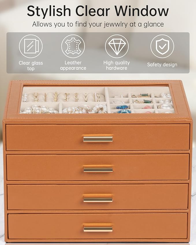 AKOZLIN Jewelry Box with Clear Lid Functional Leather Jewelry Storage Organizer Case 4 Drawers for Women Girls Necklace Ring 