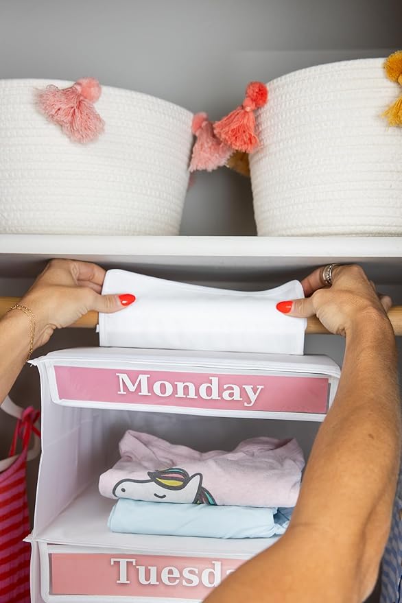 Three Sweet Peas Co Weekly Clothes Organizer for Kids – 5 Shelf Hanging Closet Storage for School Outfits | Monday to Friday 