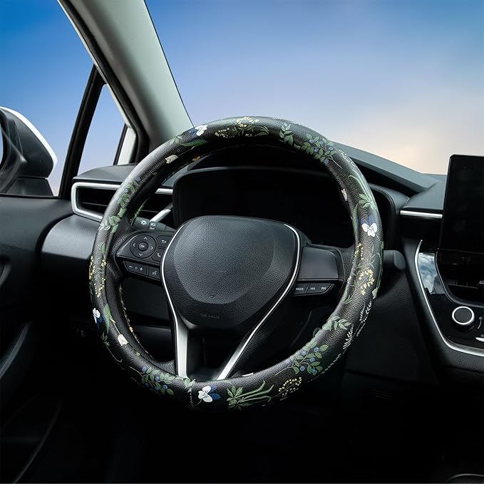 Boho Floral Steering Wheel Cover Auto Leather Steering Wheel Protector, Anti-Slip, Breathable, Absorbing Sweat, Universal Flo