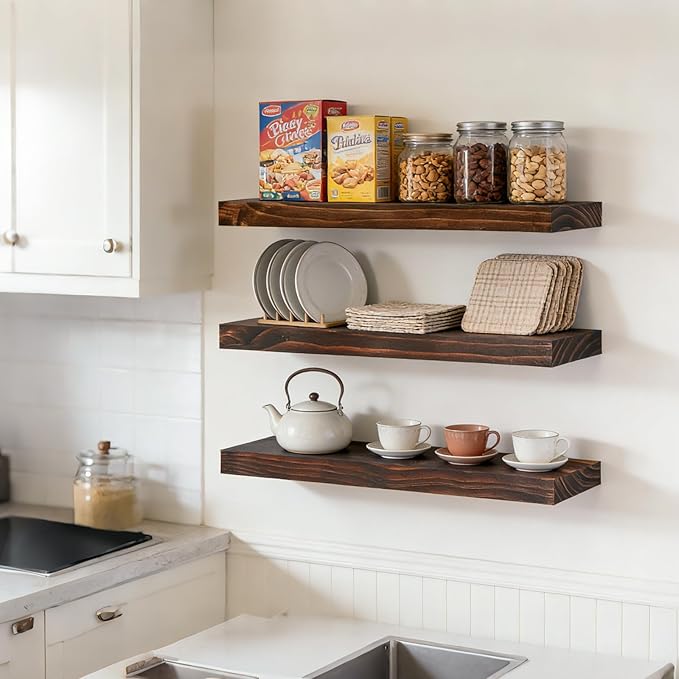 Floating Wall Shelves 24x6.8x1.7 Inch – Solid Wood Rustic Shelves in Walnut Finish – Wall Mounted Display Shelf for Bathroom,