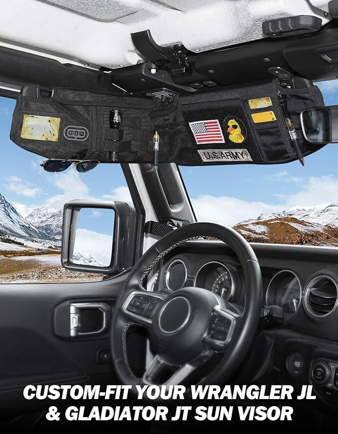 JOYTUTUS Sun Visor Organizer Compatible with 2018-2026 Wrangler JL & Gladiator JT, Driver's Side Front Tactical Visor Storage Cover Molle Webbing Visor Storage Holder Pouch, Multi-Pocket Net Zipper