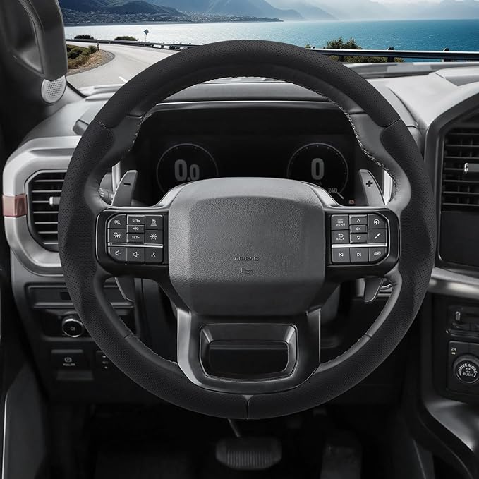 Steering Wheel Cover for Ford F150 2021-2025/ F-150 Lightning 2022-2025/ F250 F350 F450 F550 2023-2025/ Ford Expedition 2022-2024 Steering Wheel Cover Protector Accessories(Perforated Black Leather)