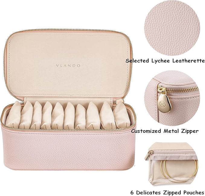 VLANDO Travel Jewelry Box Organizer – Portable PU Leather Jewelry Case with 6/8/12 Zippered Pouches, Compact Storage for Earr