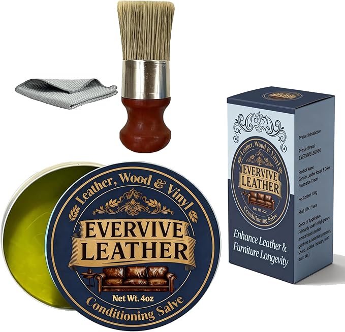 Leather & Wood Restoring Salve - 4oz Furniture Polish & Conditioner with Applicator Brush & Microfiber Towel, for Leather Cou