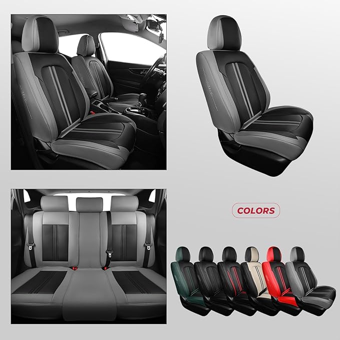 FREESOO Car Seat Covers Full Set, Black Gray Waterproof Car Seat Cover, Leather Seat Covers for Trucks, Luxury Car Seat Cover